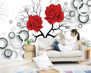 Hârtie 3D Comparativ Comparativ stil European atmosfera copac mare trandafir roșu fereastra sufrageriei TV 3D tapet de fundal de decor acasă