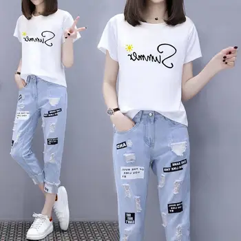 2023 Primavara-Vara Noi de Moda pentru Femei Costum coreeană Casual T-shirt Imprimat Mijlocul Talie Blugi Pantaloni 2 Set de Două Piese Student Îmbrăcăminte