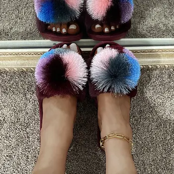 Iarna Noi Femeile Papuci de Moda Ciucure Mingea Decora Peep Toe Flats Doamnelor Pantofi de Interior Non-alunecare de Pluș Cald Papuci Femei
