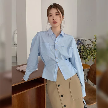 2023 Primăvară Nouă Bumbac Tricouri Femei Pentru Polo Neck Maneca Lunga De Toamna Bluze Casual, Buzunare Cămașă De Moda Coreeană Topuri 7461