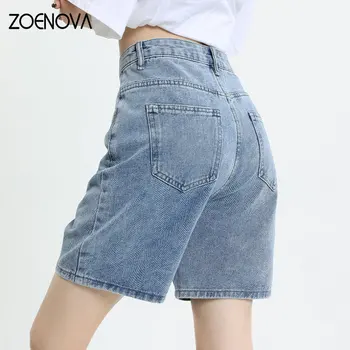 ZOENOVA Femei Talie Mare 2023 Vechi Stil Retro Nou Liber Drept Toate se Potrivesc Pantaloni scurți din Denim Ins Cinci puncte Largă de pantaloni Scurți de Blugi