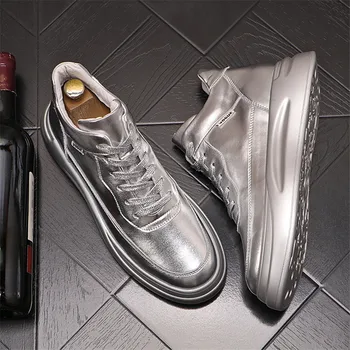 De moda de argint Alb Bărbați Platforma Pantofi Casual din Piele Adidasi Hip-hop Înălțimea Creșterea pantofi Zapatillas Hombre