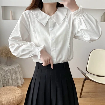 Guler Peter-Pan Ruffle Sleeve Lace-Trim Alb Bluza Femei Stil Coreean Drăguț Buton-Front Shirt Primavara Toamna Școală Doamnelor De Sus