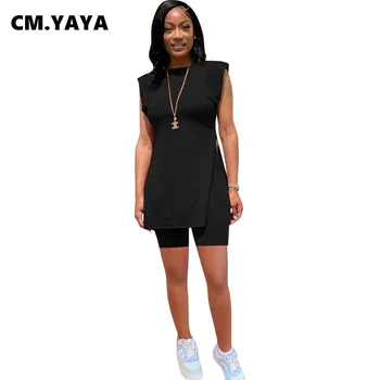 CM.YAYA Femei Set Solid de Lungă fără Mâneci Despicate Topuri Elastic pantaloni Scurți 2 Seturi de Piese Active Trening Trening cu Tinutele de Vara