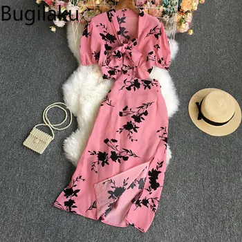 Bugilaku Flori Imprimate Vintage Stil Plajă 2 Seturi de Piese Costume Femei V-gât Lace Up Topuri de Cultură de Talie Mare Split-linie Fuste