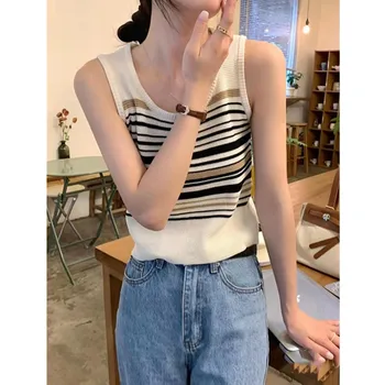 Coreean Summer Ice de Mătase, Tricotate Tank Top Femei Casual Subțire fără Mâneci T-shirt cu Dungi de Sus