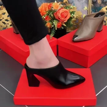 2023 Confortabil Moda cu toc Înalt Pantofi de Vara pentru Femei Stil Nou Stil de Fier Sac Ascutit Toc Gros Sac Jumătate Papuci
