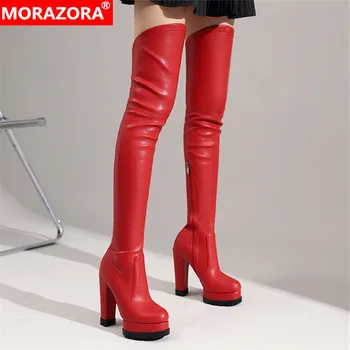 MORAZORA 2022 Roșu Sexy Tocuri Platforma Pantofi Femei Cizme Genunchi Zip Rotund Toe Iarna Slim Stretch Cizme Femei