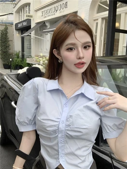 2023-coreean Chic de Vara pentru Femei Cămăși și Bluze cu Talie Înaltă Polo Neck Slim Fit Bubble Sleeve Top cu Maneci Scurte Tricou pentru Femei