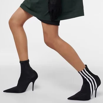 Patru Anotimpuri Scurt Elastic Cizme Sexy Subțire Tocuri Ascuțite Toe Dungă Pantofi Femei Elastic Botine