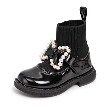 Fete noi Cizme din Piele Pearl Papion Printesa Pantofi Copii de Zbor Tricot Cizme cu Talpă Moale Chic Dulce Ciorap de Agrement Pantofi Drăguț Arc-nod