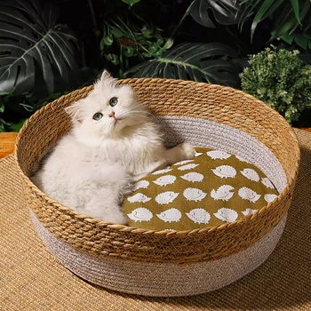Drăguț Japoneză Animale De Companie Pisica Pat Rotund Țesute Manual Din Ratan Cat Paturi De Răcire Vara Pisoi Cos De Sfoara Bumbac Pisica Zgarieturi Coșuri