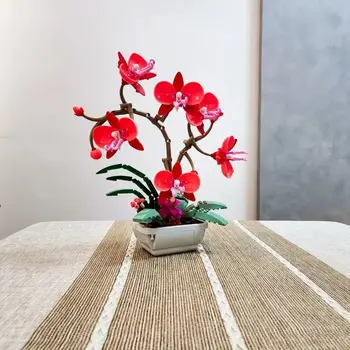 Rosu Buchet Romantic de Flori Phalaenopsis Ghivece cu Plante Blocuri Decor Acasă Cărămizi DIY Jucării pentru Adulți Fete Cadouri
