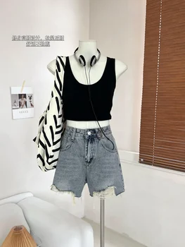 Coreeană De Moda De Vară Pantaloni Scurți Femei Gaura Talie Inalta Blugi Scurte De Sex Feminin Largă Picioare Pantaloni Scurti Streetwear