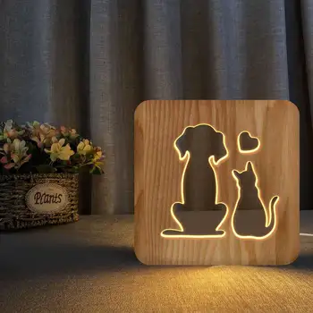 SOLOLANDOR 3D Creative din Lemn Câine Pisică Animal Lampa de Noapte pentru Copii Camera USB Lumina de Noapte pentru Copii Lămpi de Birou, Decorațiuni interioare de Iluminat