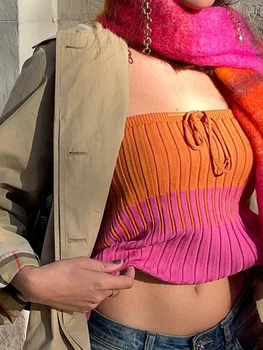Mai nou Sosire Femei Tricot Montat Tub Topuri fără Mâneci de Pe Umăr Bandeau Topuri de Vara Streetwear