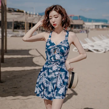 Wisuwore Sud-coreean Costume de baie Femei Subțire care Acoperă Burta O singură Bucată Rochie Conservatoare Plat Colț Tipărite Deschide Inapoi de Costume de baie