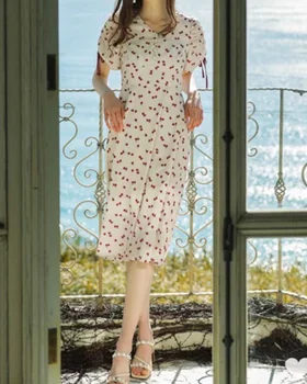 2023 Vara Noi Japoneză franceză Cherry Imprimare Cordon din Dantela Sus V-neck Maneca Puf Femei Rochie Vintage Midi cu Talie Înaltă Vestidos