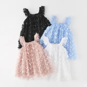 Noul Copil de Vara Fata de Moda Rochie de Culoare Solidă în 3D Brodate Fluture Zbura Maneca Halter Puffy Rochii de Petrecere, Haine pentru Copii Drăguț