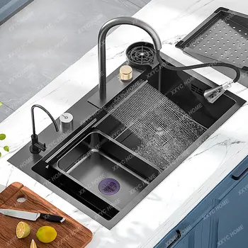Negru din Oțel Inoxidabil Chiuveta de Bucătărie Multifuncțional Chiuveta Mare cu un Singur Castron mașină de spălat Vase Chiuveta Cascada robinet