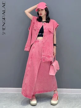 SHENGPALAE 2 Bucata Set coreeană de Moda Denim Vesta + Fusta Liber Casual Chic Versatil Femei Roz Y2k Haine 2023 Primăvară 5R2221