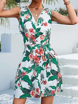Vară Șifon Florale Rochie Scurtă De Imprimare De Moda Pentru Femei Alb Fără Mâneci Bandaj Rochie De Plaja Casual V Gâtului Nou În Rochii 2023