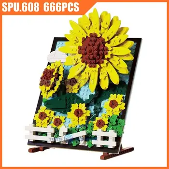 92003 666pcs Flori de Floarea-soarelui Tablou Rama Foto Decor Acasă Artist Blocuri de Jucărie Caramida