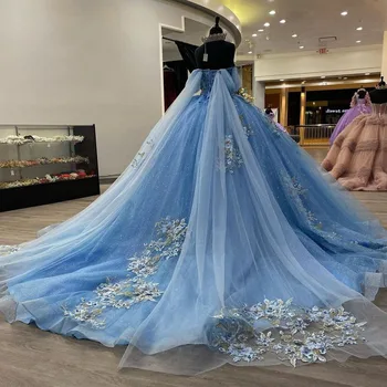 ANGELSBRIDEP Albastru de Lux Minge Rochie Quinceanera Rochii de Petrecere Printesa ștrasuri din Mărgele Pietre Aplicatii Vestidos De 15 Ani